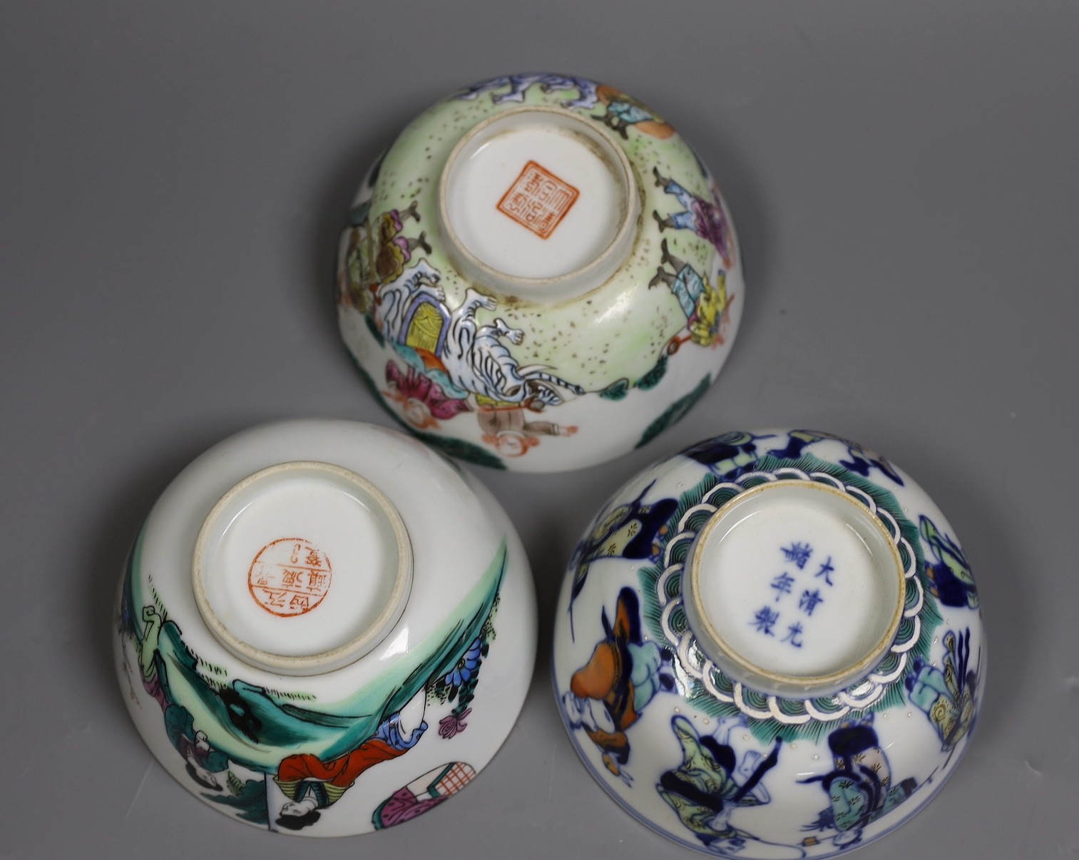 Three Chinese enamelled porcelain bowls, tallest 5.5 cms high